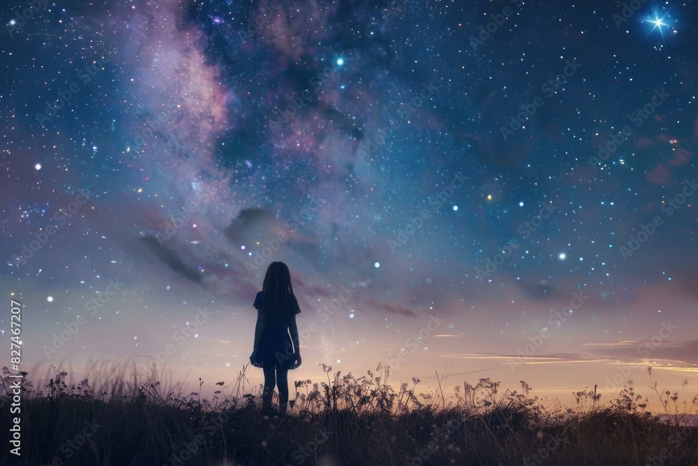 Silhouette of a lone woman standing in a field, looking up at a magnificent night sky filled with stars