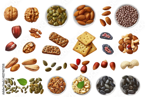 A collection of healthy snacks, including nuts, seeds, and dried fruits, arranged on a white background in a photorealistic manner. isolate on white background. photo