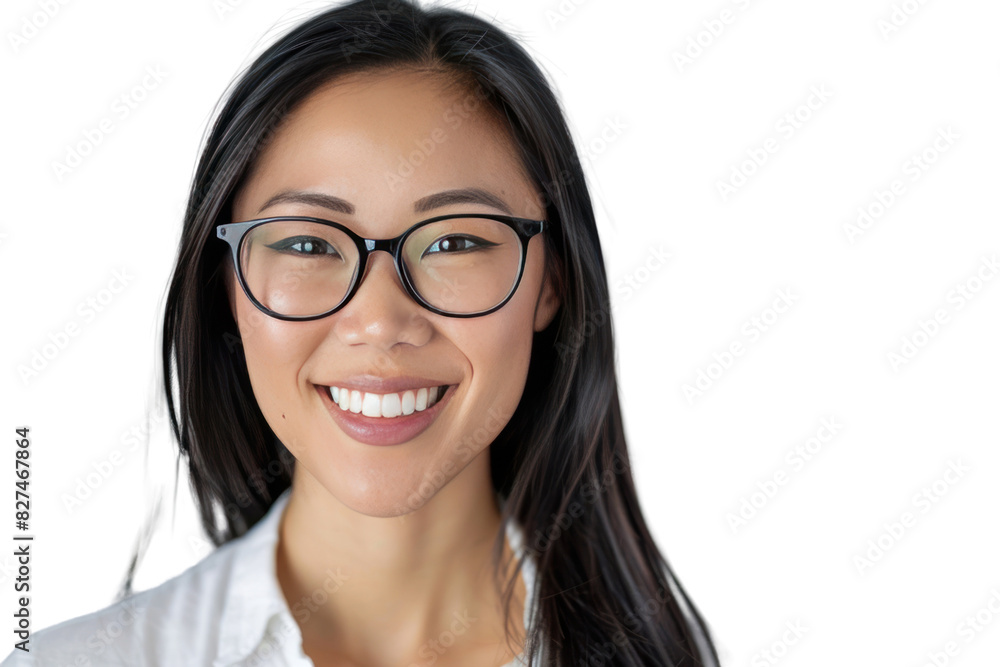 A close-up portrait of a young Asian woman, her smile illuminating her face, her glasses adding a touch of sophistication, isolated on a white background. A close-up portrait of a young Asian woman, her smile illuminating her face, her glasses adding a touch of sophistication, isolated on a white background.
