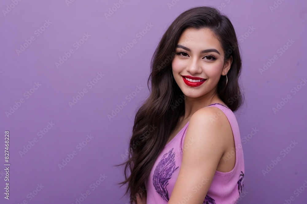 Young Latin transgender woman happily smiling against purple background with copy space. Young Latin transgender woman happily smiling against purple background with copy space.