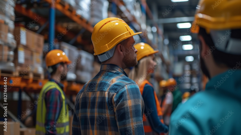 A group of workers wearing yellow helmets and safety vests are standing in a warehouse. possibly a machine or a piece of equipment. people in hardhats at training in warehouse A group of workers wearing yellow helmets and safety vests are standing in a warehouse. possibly a machine or a piece of equipment. people in hardhats at training in warehouse