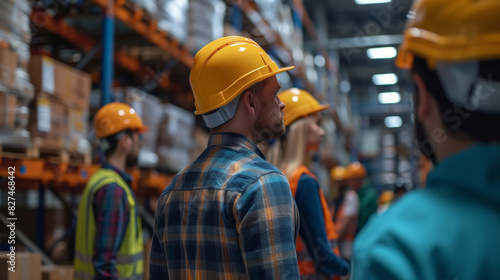 A group of workers wearing yellow helmets and safety vests are standing in a warehouse. possibly a machine or a piece of equipment. people in hardhats at training in warehouse
