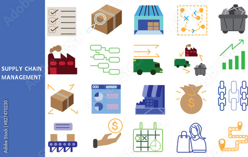 Supply chain management,  management in production and service systems and management mechanisms. ,Set of icons for business ,Icon symbol collection.,Vector illustration.