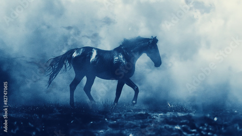horse running in the fog  with dark blue and white color tones and atmospheric lighting cyanotype style