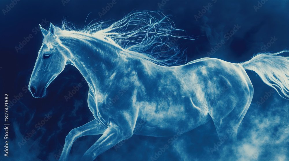 blue horse with a white glowing light effect against a navy background, creating a dreamy atmosphere in the ethereal illustration cyanotype style blue horse with a white glowing light effect against a navy background, creating a dreamy atmosphere in the ethereal illustration cyanotype style