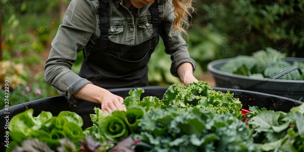 Woman composting food waste in backyard compost bin for sustainable ...