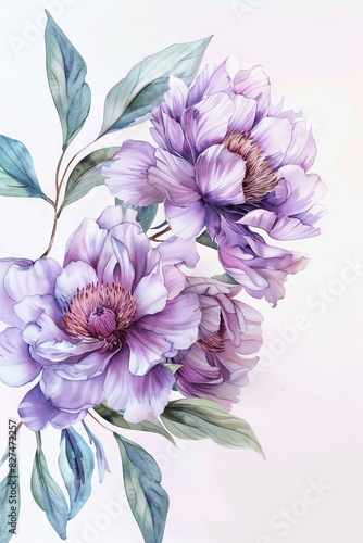 painting watercolor flower background illustration floral nature. Purple peony flower background for greeting cards weddings or birthdays. Copy space