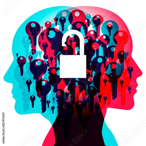 Fotografie Two overlapping human heads filled with images of keys and an open padlock at the centre