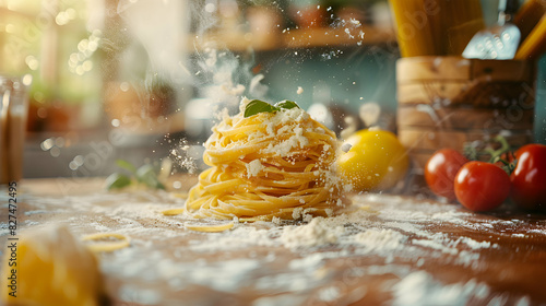 Mastering the Art of Pasta: High Resolution Photo Realistic Cooking Class Image with Glossy Backdrop, Focused on Fresh Pasta Making Techniques and Skills Stock Photo Concept