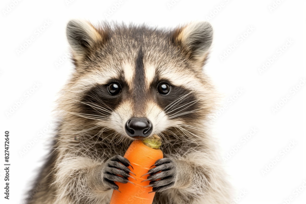 Fototapeta premium Playful raccoon gazes curiously at the camera while clutching a bright orange carrot, isolated on a white background, showcasing its characteristic facial mask and dexterous paws