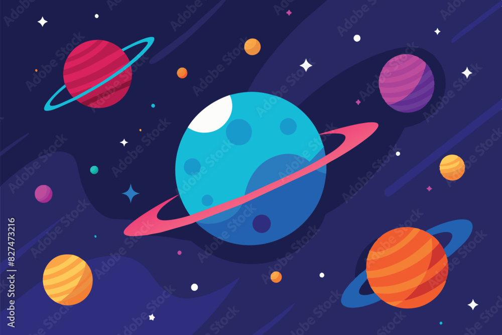 A cosmic landscape with various celestial bodies. The planets vary in size and color, including shades of purple, orange, and yellow. The illustration has a playful and colorful style. A cosmic landscape with various celestial bodies. The planets vary in size and color, including shades of purple, orange, and yellow. The illustration has a playful and colorful style.