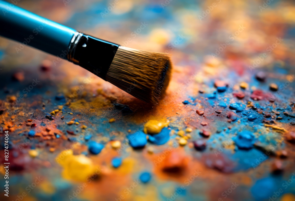 Fototapeta premium a brush with some paint next to it on top of a paint palette