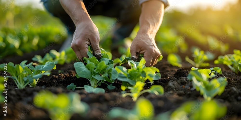 Fototapeta premium Farmer planting vibrant green vegetables in sunlit field beginning food production cycle. Concept Agriculture, Farming, Farm Life, Harvesting, Sustainable Agriculture