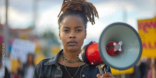 Young Black woman using a loudspeaker to speak out against racism at protest. Concept Social Justice, Black Lives Matter, Activism, Protest, Empowerment