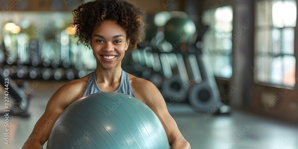 Naklejka premium Woman happily holding a large exercise ball in a fitness studio. Concept Fitness, Exercise, Studio, Woman, Happiness