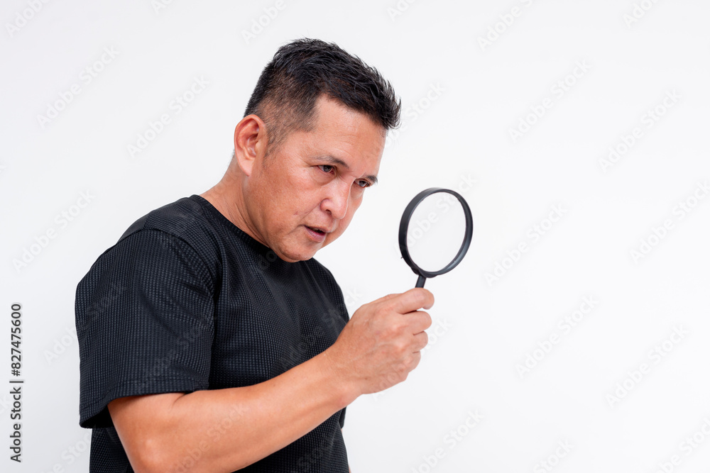 Middle aged sleuth looking at something with a magnifying glass. Isolated against a white background, showcasing curiosity and attention to detail. Middle aged sleuth looking at something with a magnifying glass. Isolated against a white background, showcasing curiosity and attention to detail.