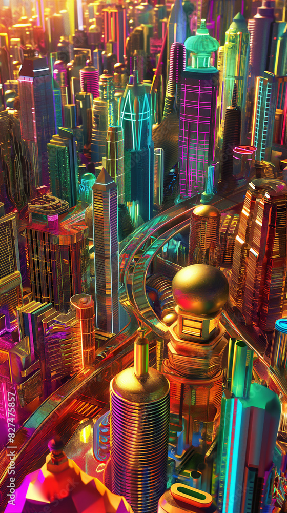 Naklejka premium 10. **Urban Utopia**: Display a futuristic 3D artwork depicting a colorful metropolis teeming with life and energy, leaving room for a caption that celebrates the vibrancy and dynamism of urban