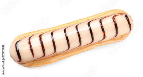 Delicious eclair covered with glaze isolated on white, top view