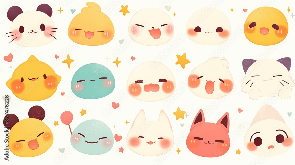 Fototapeta premium A hand drawn illustration featuring a cute emoticon with an adorable kawaii expression set against a white background