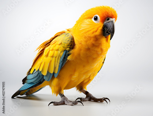 Yellow parrot (Psittaciformes) on white background. Realistic animal bird clipart template pattern. They are popularly raised as pets that can be trained to imitate human sounds in various languages. © Lucky