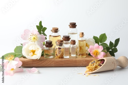 Aromatherapy. Different essential oils  flowers and green leaves on white background