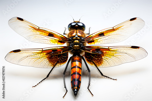 Extreme macro shots, dragonfly wings detail on white background. Realistic animal insect clipart template pattern. Insects whose larvae live in water Adults live on land and have wings to fly. © Lucky