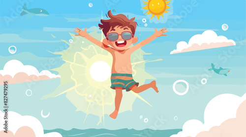 Boy in swim trunks jumping. Active kid summer fun Car