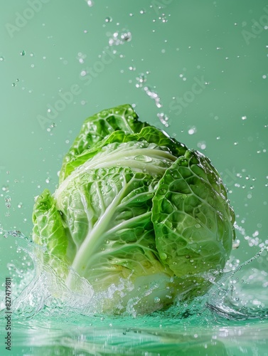 Vibrant Cabbage with Splashing Water Droplets, Background, Advertisement, 