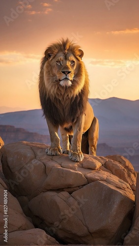 photo of a lion posing on a large stone with the horizon in the background
