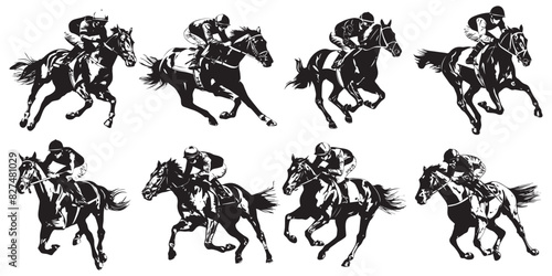 set of horses silhouette with riders, racing horses silhouette, horses silhouette with different angles