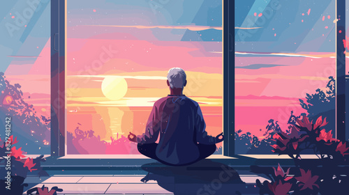 Senior Man Meditating by the Window for Mental Well-being photo