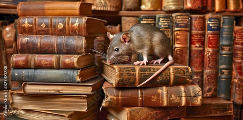 A rat perched on a stack of books in an old library