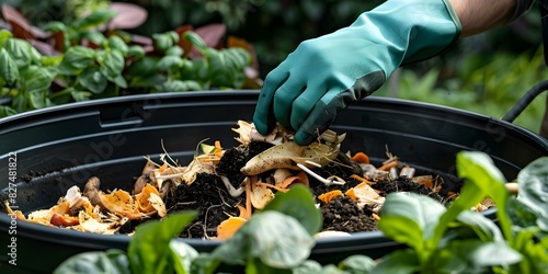 Gloved Individual Adding Food Scraps to Compost Bin to Enhance Soil Health. Concept Composting, Organic Gardening, Sustainable Practices, Soil Health, Environmentally Friendly