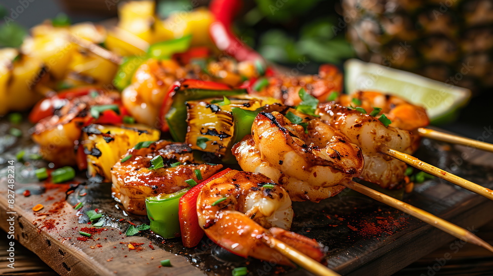 Grilled shrimp skewers with pineapple chunks and bell peppers on a platter. Grilled shrimp skewers with pineapple chunks and bell peppers on a platter.