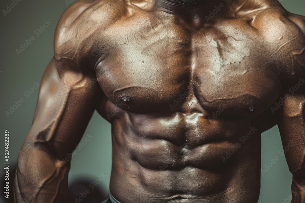 Closeup image showcasing the defined abdominals and chest of a fit male athlete Closeup image showcasing the defined abdominals and chest of a fit male athlete