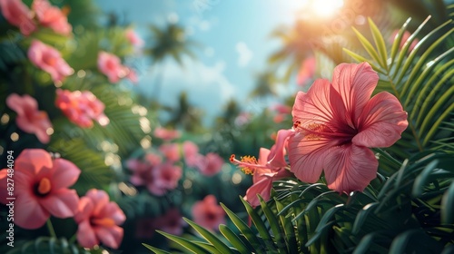 Array of tropical flowers on a bright summer day, vibrant colors with a clear sky above photo