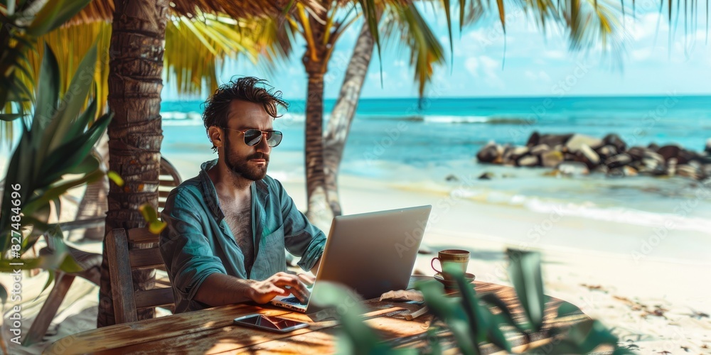 An image of a digital nomad working remotely from a beach or café, with a laptop, smartphone, and sunglasses, illustrating the flexibility and freedom of remote work