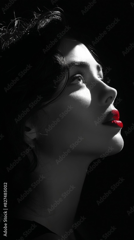 A woman with red lips in the dark. A woman with red lips in the dark.