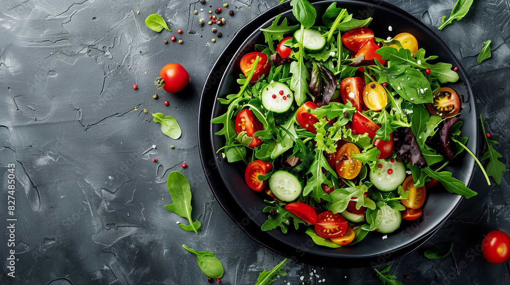 Top view of a fresh summer salad of cherry tomatoes, cucumber and salad greens, seasoned with olive oil and pepper spices. Deep black bowl with salad on a gray table. Copy space Top view of a fresh summer salad of cherry tomatoes, cucumber and salad greens, seasoned with olive oil and pepper spices. Deep black bowl with salad on a gray table. Copy space