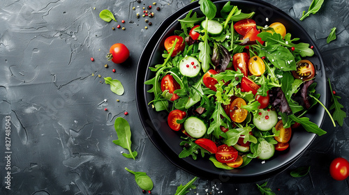 Top view of a fresh summer salad of cherry tomatoes, cucumber and salad greens, seasoned with olive oil and pepper spices. Deep black bowl with salad on a gray table. Copy space