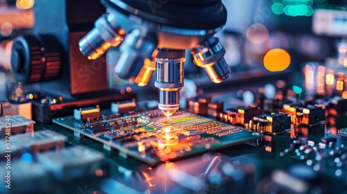 Close-up of a microscope analyzing a microchip on an advanced, glowing circuit board, highlighting cutting-edge electronic technology.