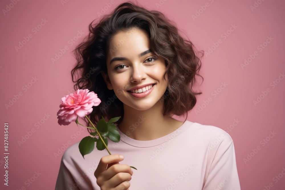 A smiling woman holding a pink rose. A smiling woman holding a pink rose.