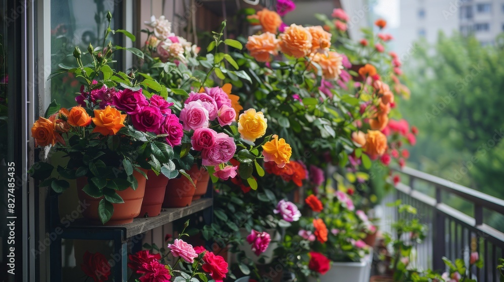 Colorful blooming roses at a little balcon. Generative AI Colorful blooming roses at a little balcon. Generative AI