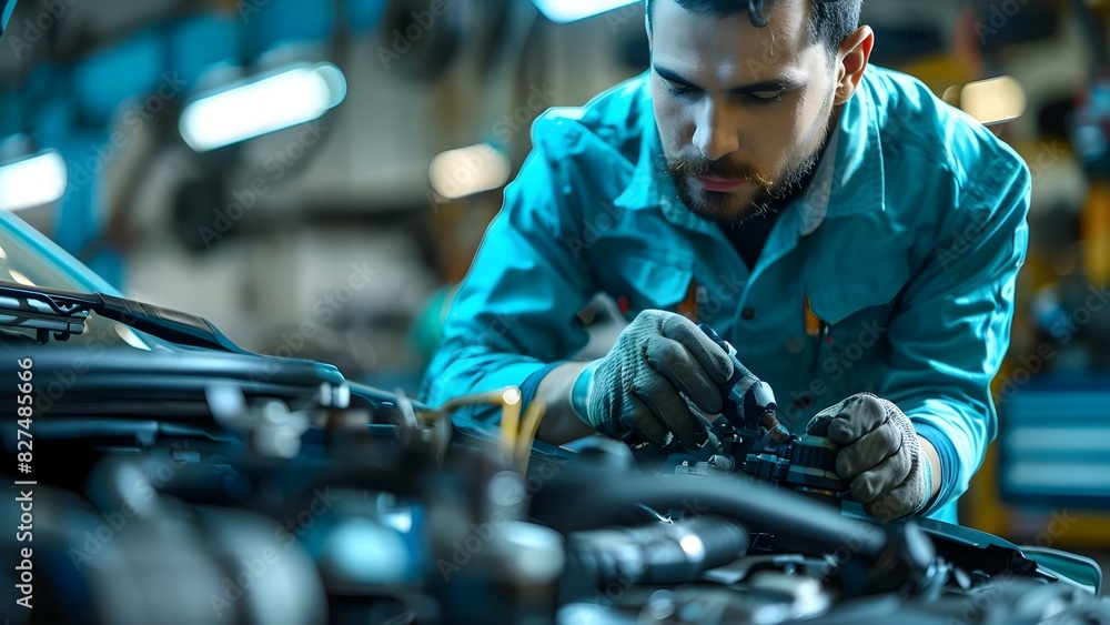 Mechanic performing repairs on a car in a garage. Concept Auto Repair, Mechanics, Car Garage, Vehicle Maintenance, Automotive Services Mechanic performing repairs on a car in a garage. Concept Auto Repair, Mechanics, Car Garage, Vehicle Maintenance, Automotive Services