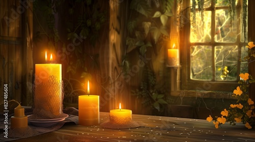 Beeswax candles cast a warm glow in a cozy room with nature-inspired decor, creating a serene atmosphere. photo