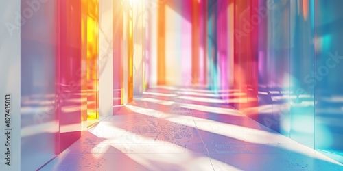Pink and blue 3D rendering of a futuristic hallway