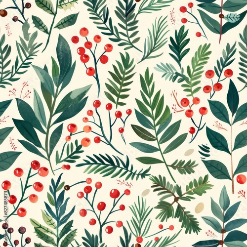 Seamless winter Christmas plants pattern wallpaper background