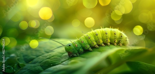 Macro portrait of a green caterpillar on a leaf with a blurred background. 