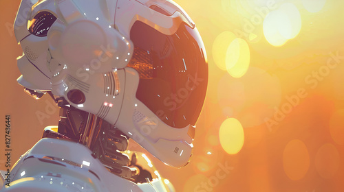 humanistic robot , colorful bokeh galaxy on the background, Illuminated by sunlight orange light. 
 photo