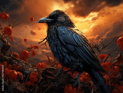 Crow in the autumn forest. Halloween background.
